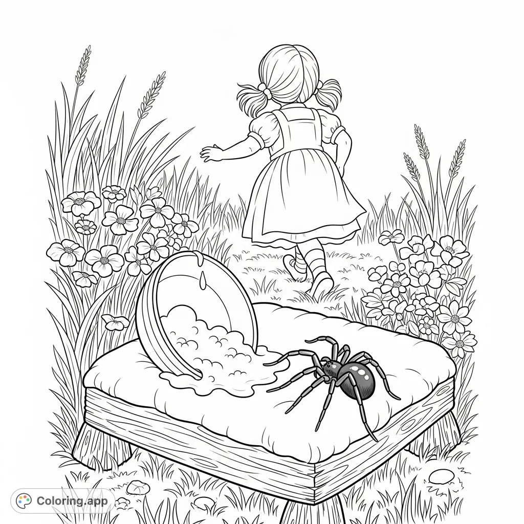 A classic nursery rhyme scene featuring Little Miss Muffet hurrying from a spider on her tuffet, set in a detailed garden. Perfect for storytelling.