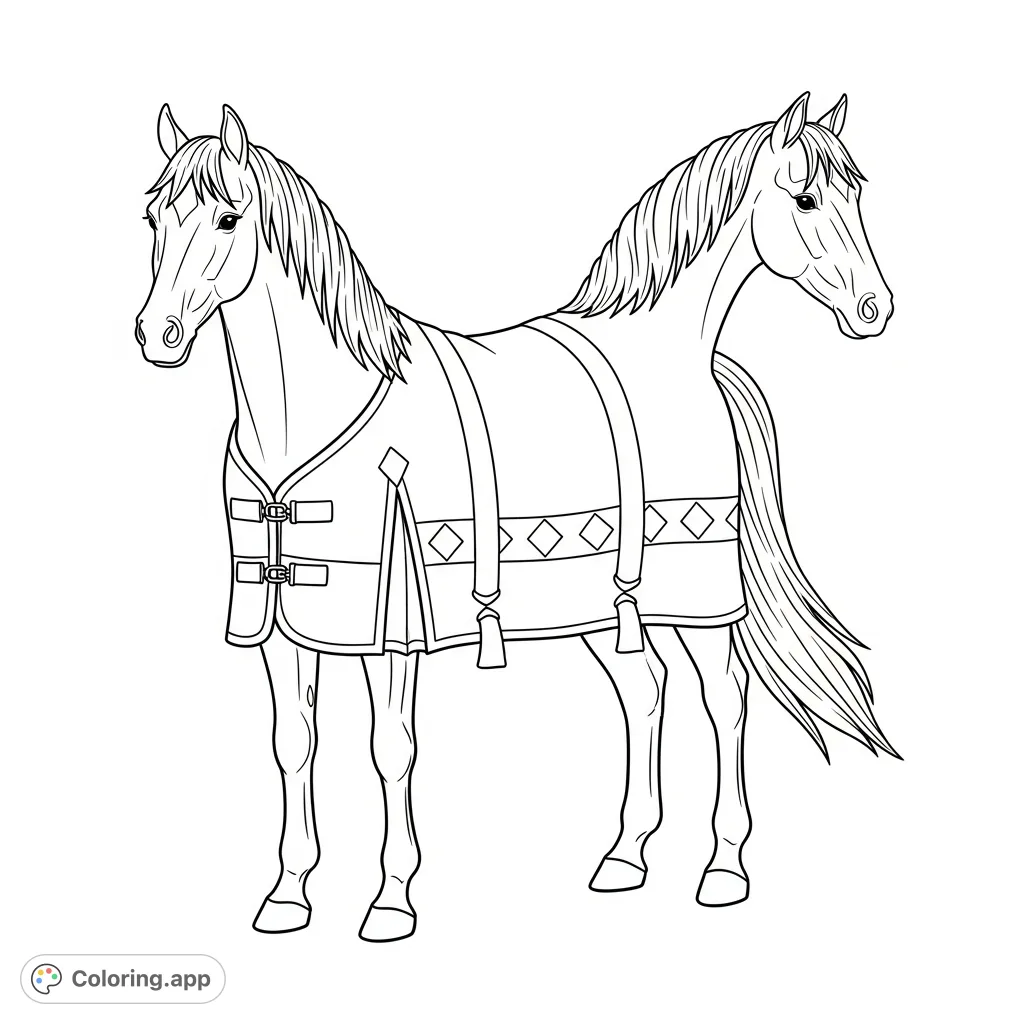 Unleash creativity with a unique two-headed horse featuring a decorative blanket. A captivating fantasy creature for endless coloring fun.