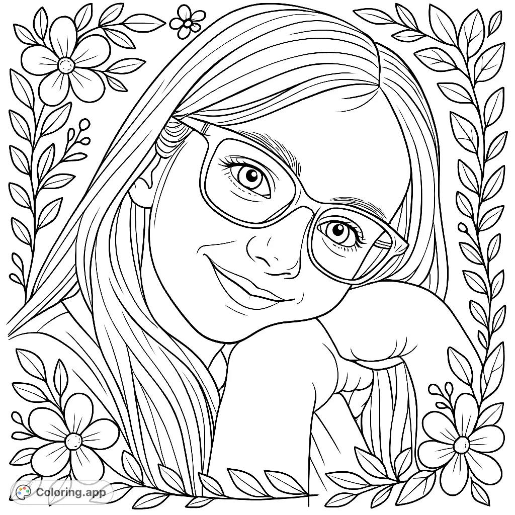 A charming girl with long hair and stylish glasses, smiling gently while resting her chin on her hands, framed by decorative flowers and leaves.