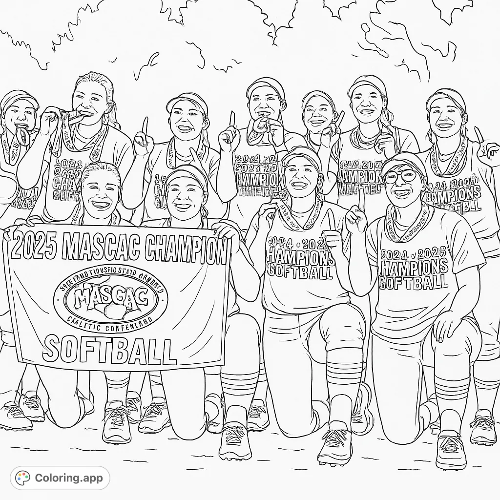 Celebrate victory with this softball champions coloring page! Featuring a team of players with medals and a championship banner.