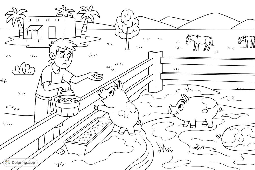 A poignant farm scene featuring a young man feeding pigs, surrounded by a rustic fence, a simple dwelling, and distant hills. Perfect for reflection and creative coloring.