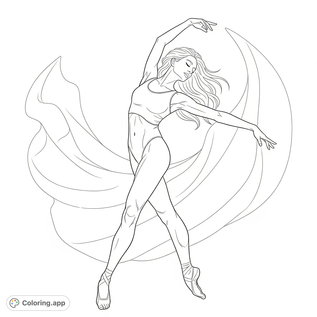 An artistic figure study of a graceful nude woman dancing, emphasizing dynamic pose, anatomical form, and fluid movement. Perfect for adult colorists.