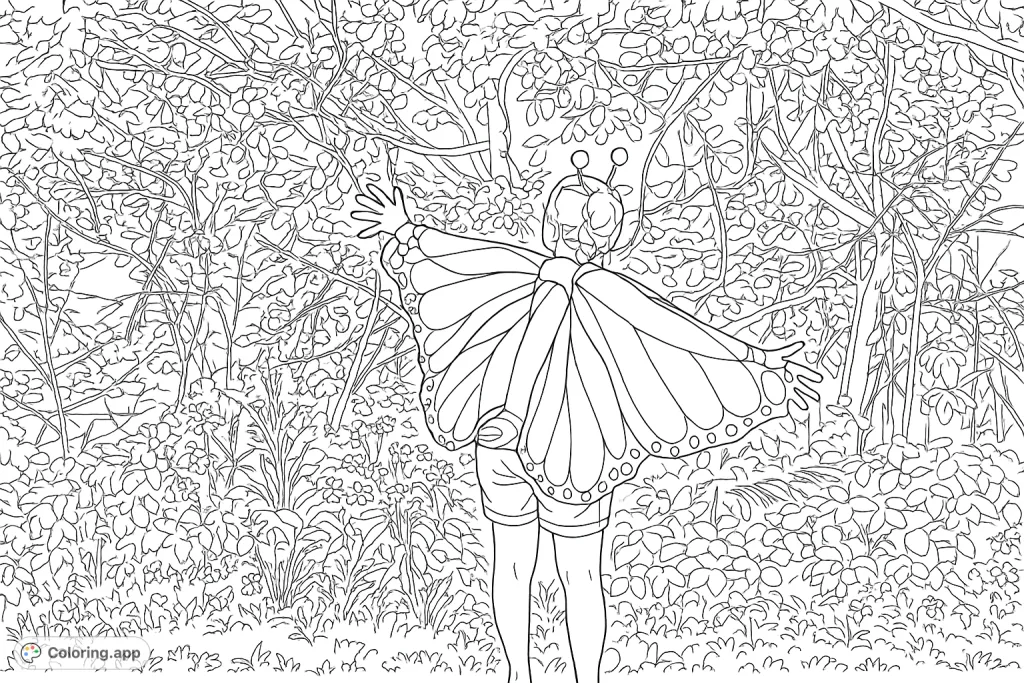 Embrace the magic of nature with this whimsical butterfly coloring page. Features a person with grand, patterned wings amidst lush foliage.