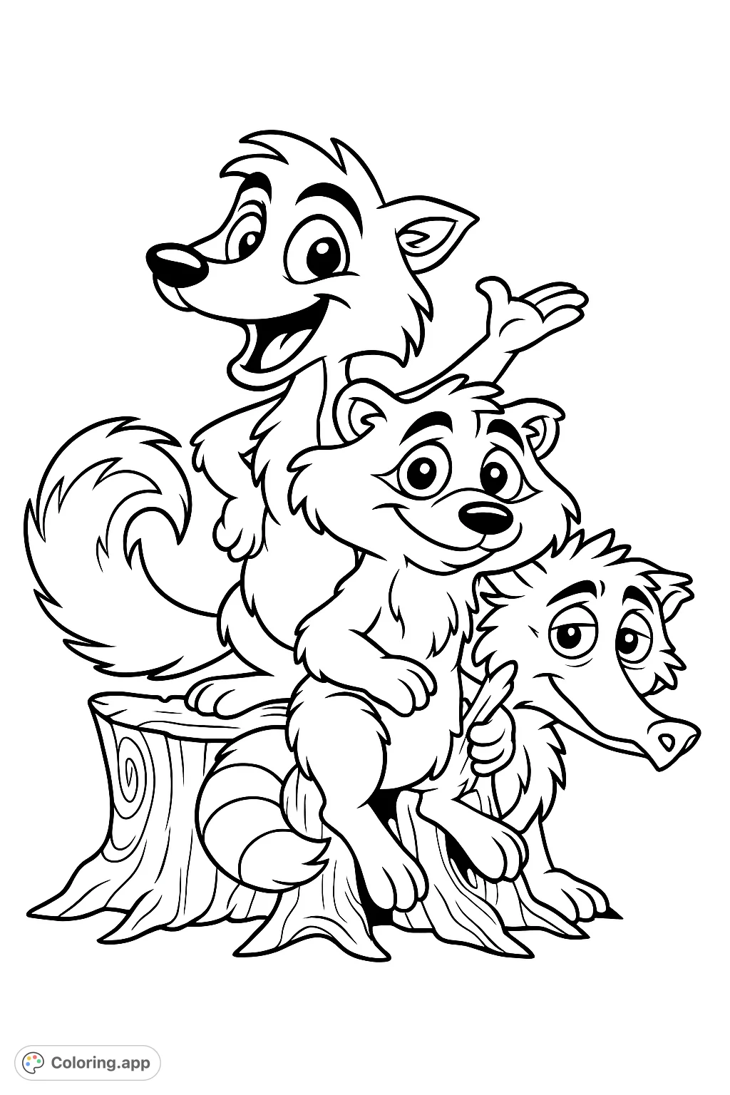 Join three adorable, cartoony woodland critters in a playful stack! This fun coloring page features expressive characters, perfect for imaginative coloring adventures.