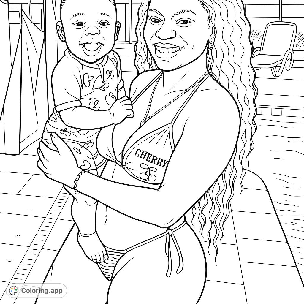 A heartwarming scene of a smiling woman holding a happy baby by a pool. Perfect for a relaxing coloring experience.