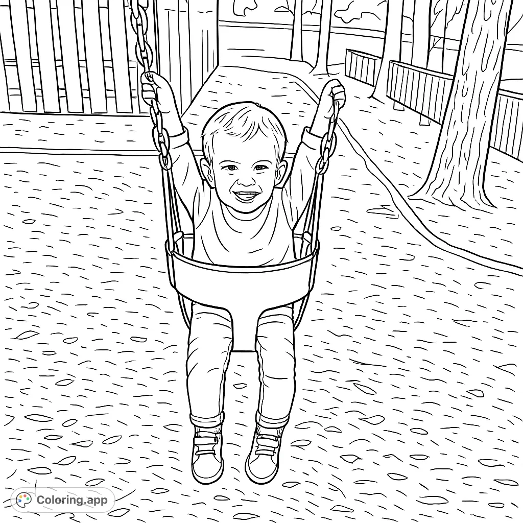 A joyful child swings high at the playground, surrounded by wood chips and distant water. Perfect for a fun coloring adventure!