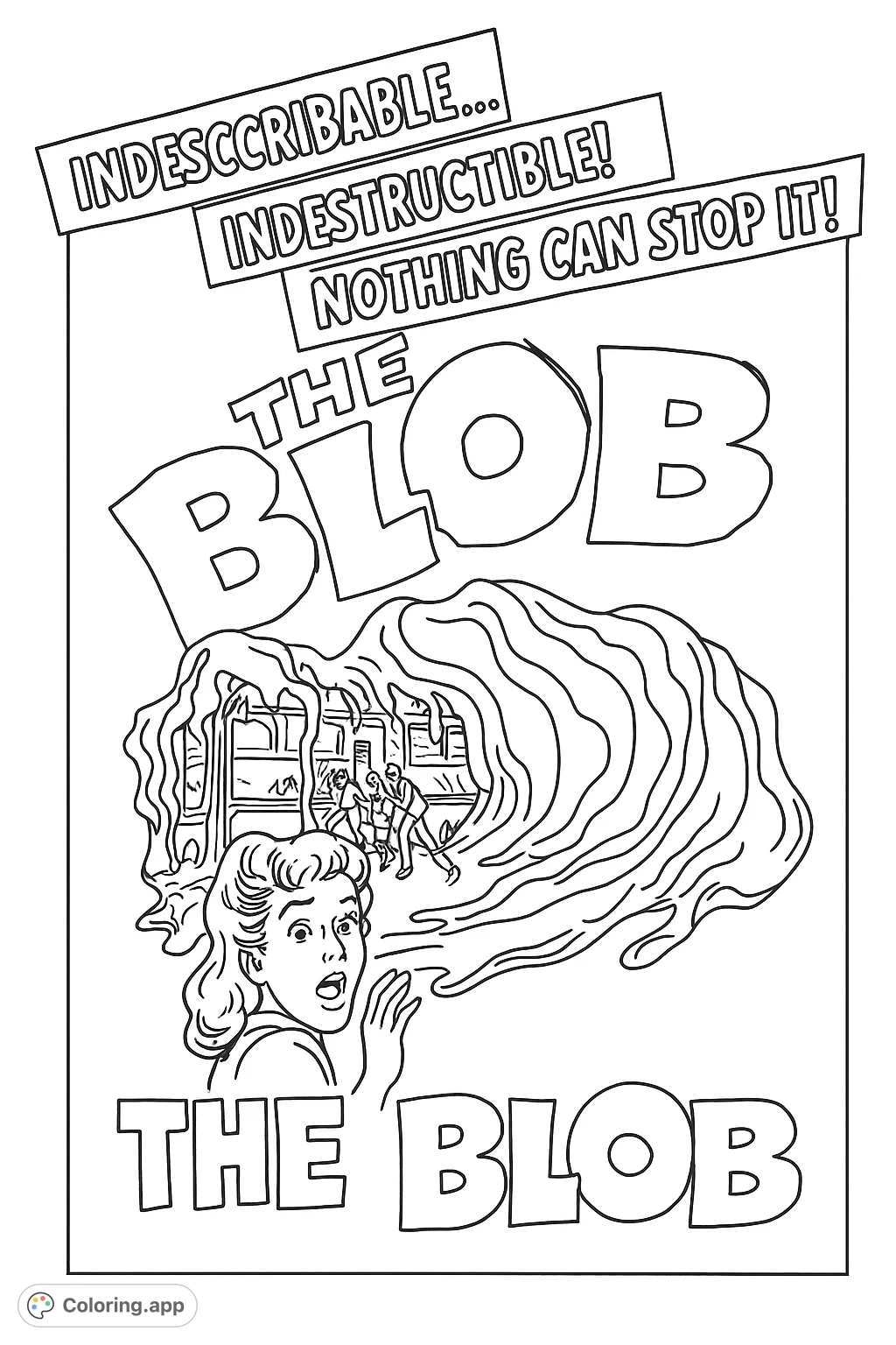 Experience the terror of a monstrous, flowing mass engulfing a diner, with people fleeing in panic. A thrilling sci-fi horror coloring page.
