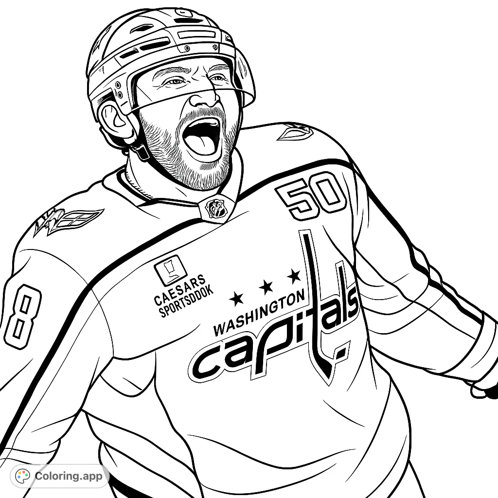 Dynamic hockey player in full gear, celebrating with an open-mouthed shout. Features detailed jersey logos and a determined expression, perfect for sports fans.