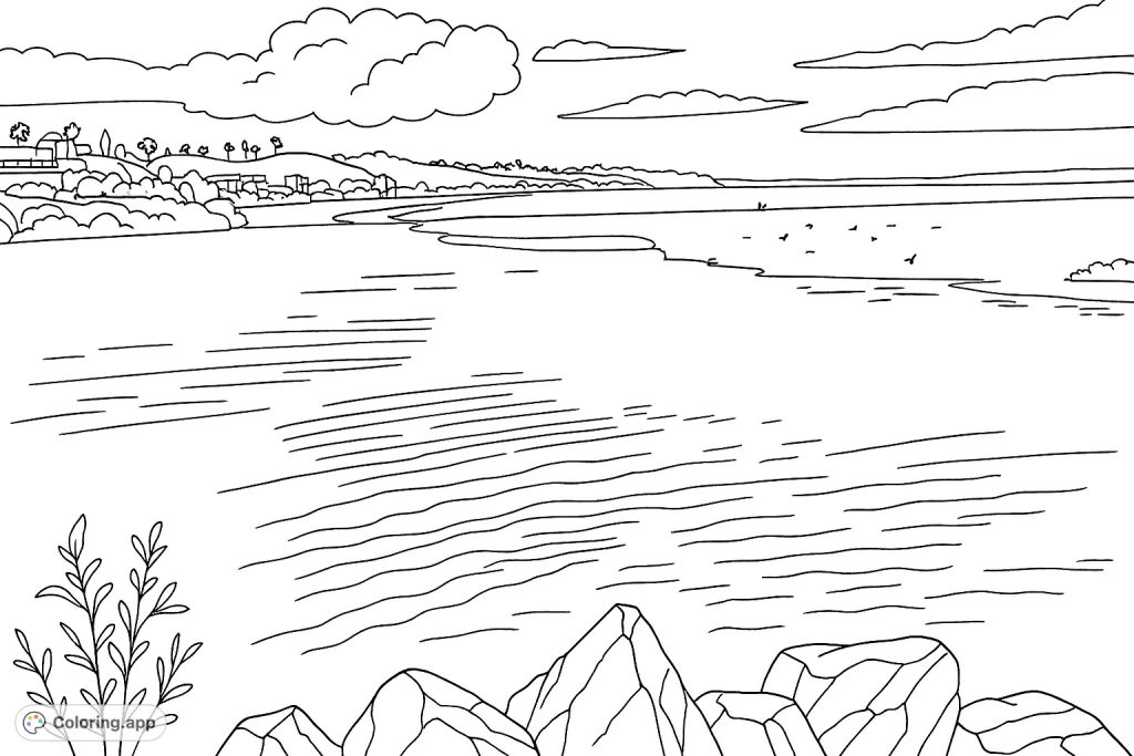 Explore a serene coastal estuary scene with a sandy beach, distant ocean, and reflections. Perfect for a relaxing nature coloring page experience.
