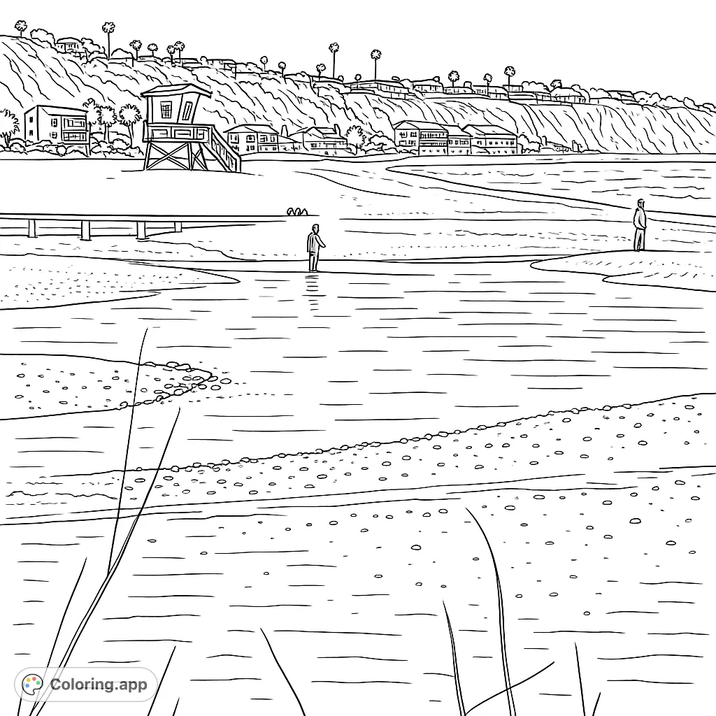 Explore a detailed coastal scene with a sandy beach, winding stream, distant town on a hill, and a prominent lifeguard tower. Perfect for a relaxing coloring page.