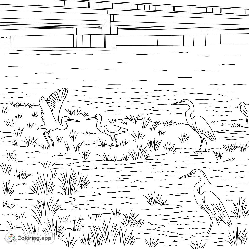 Color a serene marsh scene featuring elegant birds in various poses near a bridge. A beautiful nature birds coloring page for all ages.