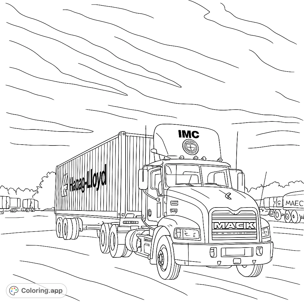 A detailed coloring page featuring a powerful semi-truck hauling a large cargo container, set in an industrial yard under an open sky.