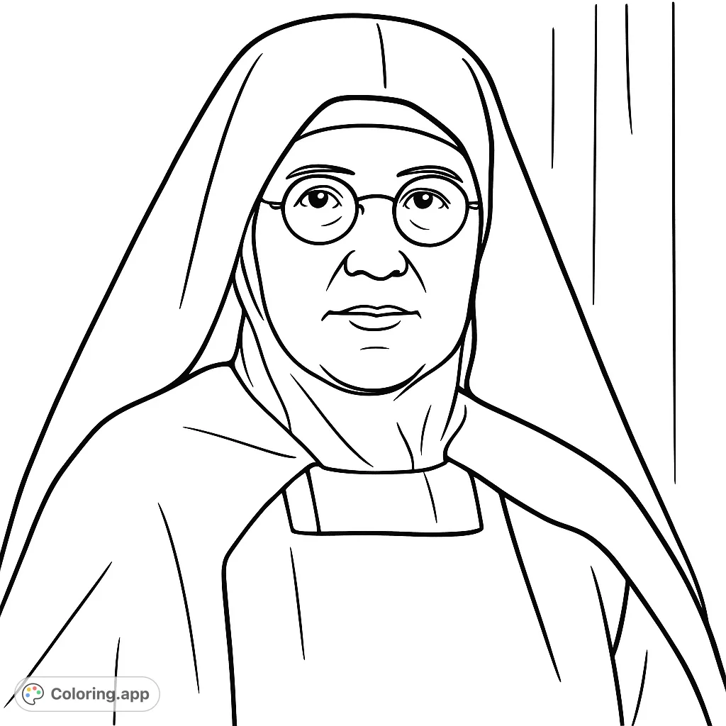 A peaceful portrait of a nun in traditional habit and spectacles, offering a reflective coloring experience. Perfect for spiritual and historical themes.