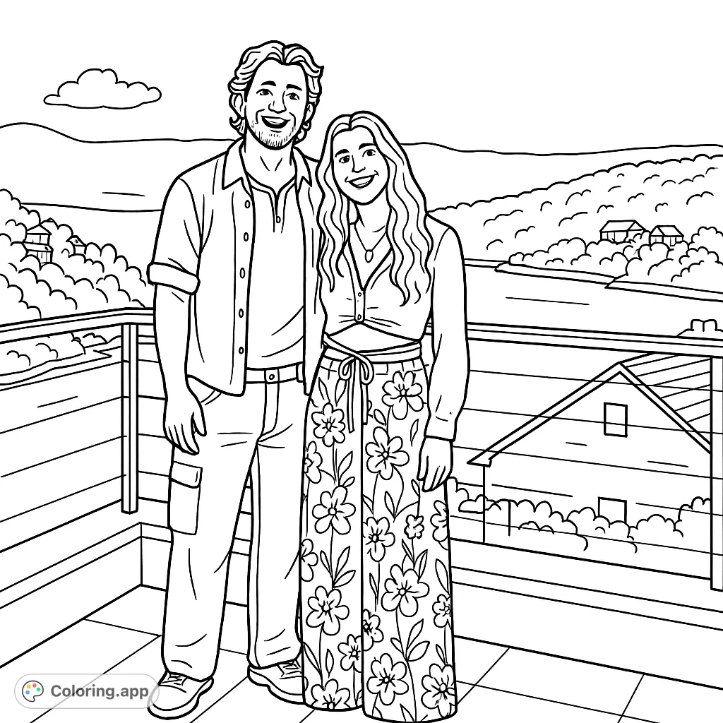 A happy couple stands on a scenic terrace overlooking a beautiful bay and mountains. Enjoy coloring this romantic scene with cartoony style and bold outlines.