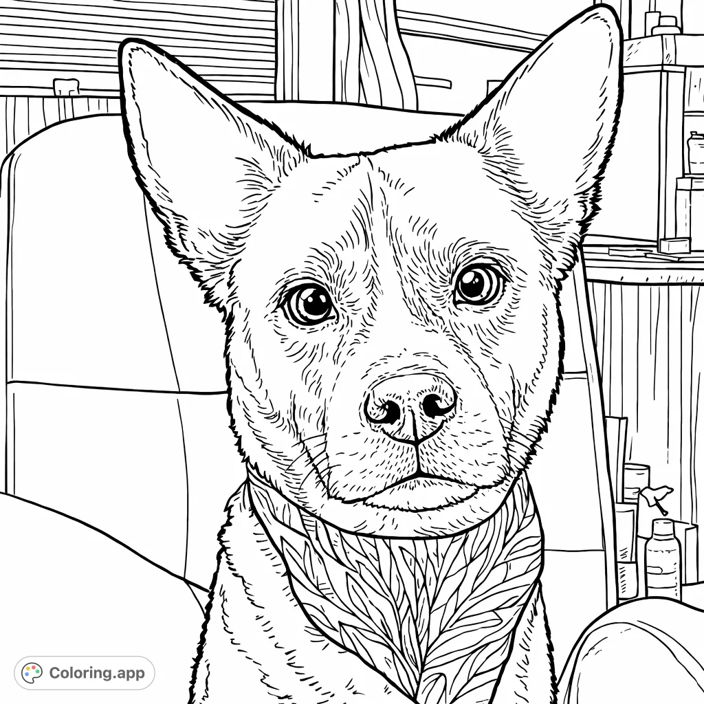 An adorable dog with striking features and a stylish leaf-patterned bandana, ready for a creative coloring adventure. Perfect for dog lovers!