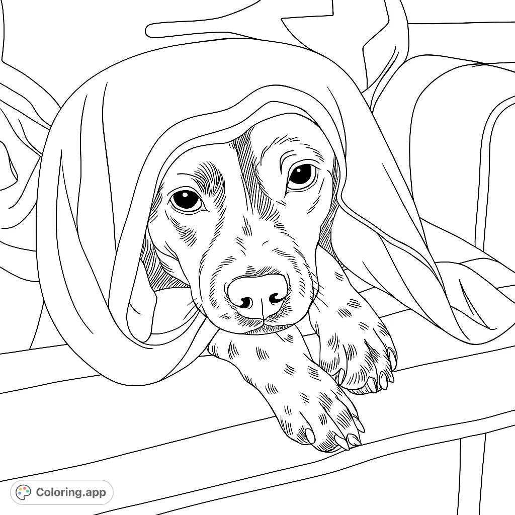 A charming dog peeks out from under a soft blanket, resting peacefully. This delightful coloring page features a cozy scene perfect for animal lovers.