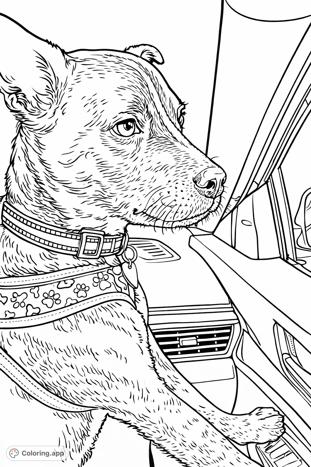 A loyal dog with unique markings gazes intently out a car window, enjoying a ride. Perfect for dog lovers!