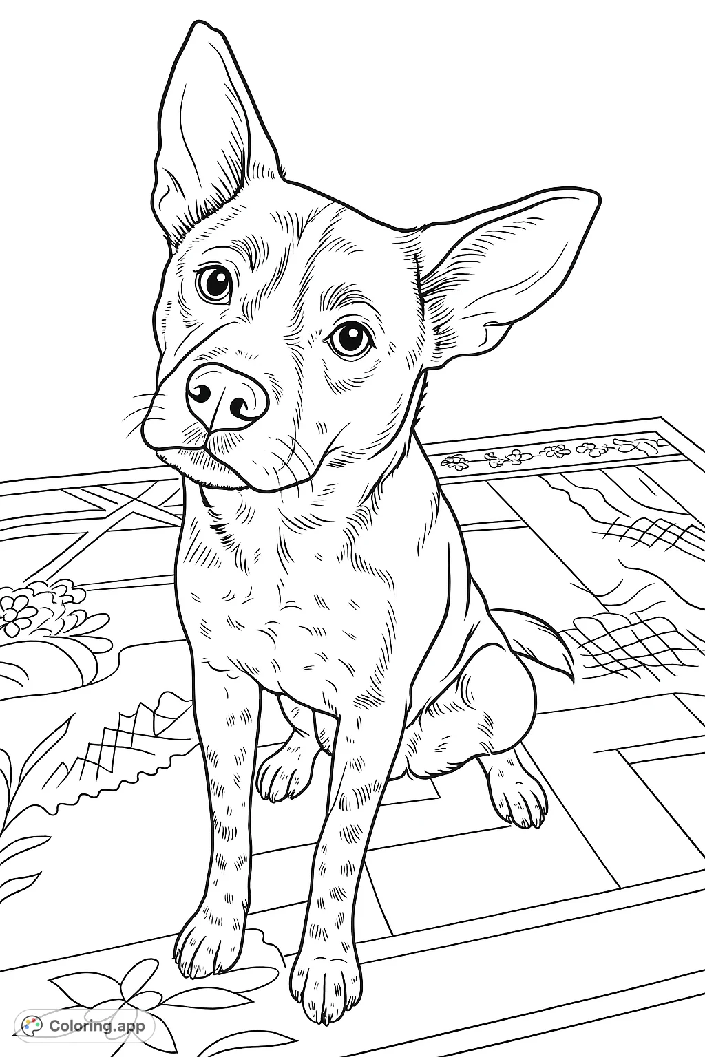 A charming dog with a tilted head sits on a patterned rug, inviting you to add your creative touch to its expressive features and unique markings.