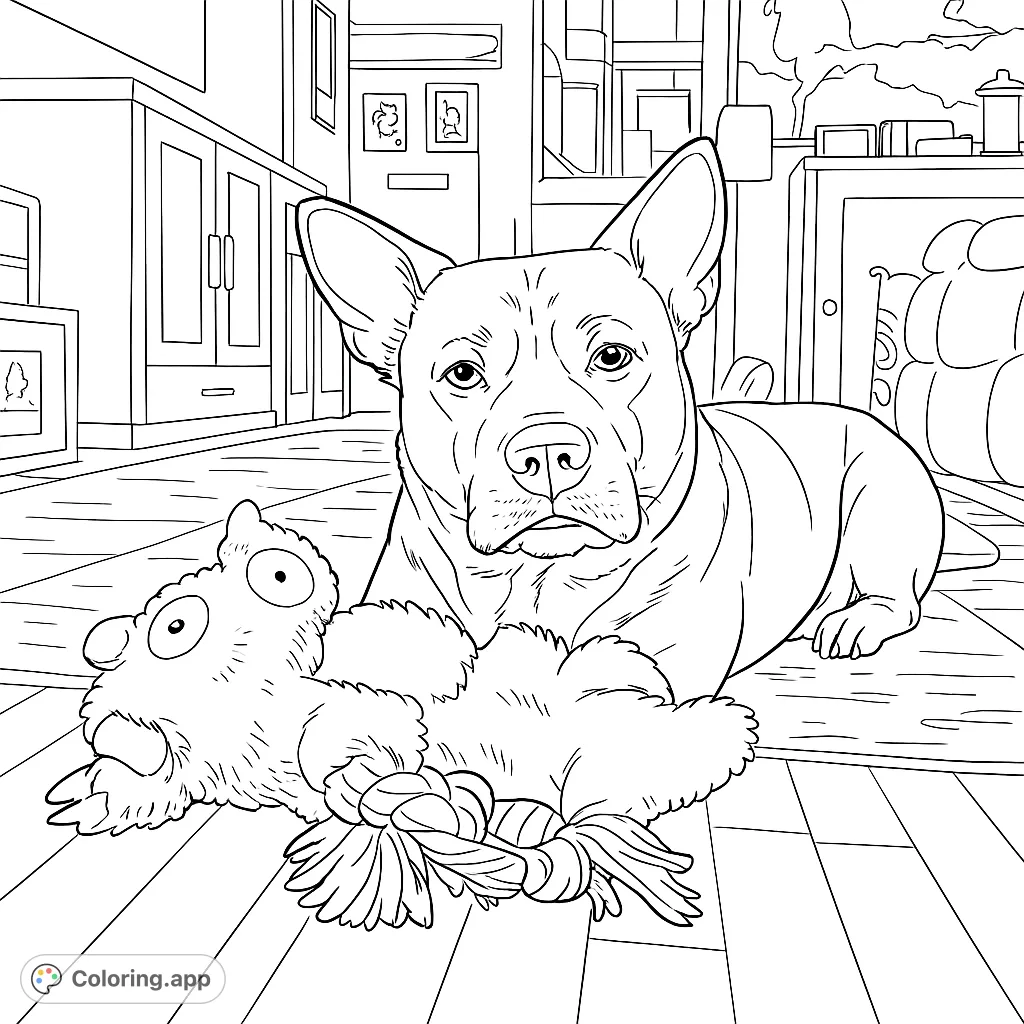 A charming coloring page featuring a loyal dog resting with its well-loved plush toy on a patterned rug, perfect for pet lovers of all ages.