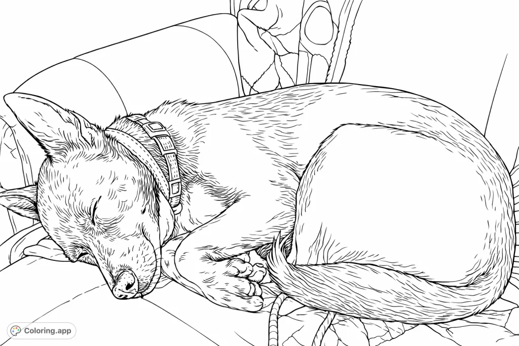 A peaceful dog sleeps curled up on a soft blanket and couch, offering a calming and detailed scene for animal lovers to bring to life.