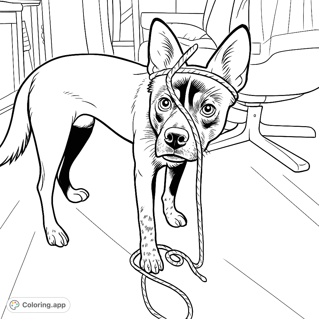 A curious dog stands tangled in a string, featuring unique markings and an engaging expression. Perfect for dog lovers of all ages!