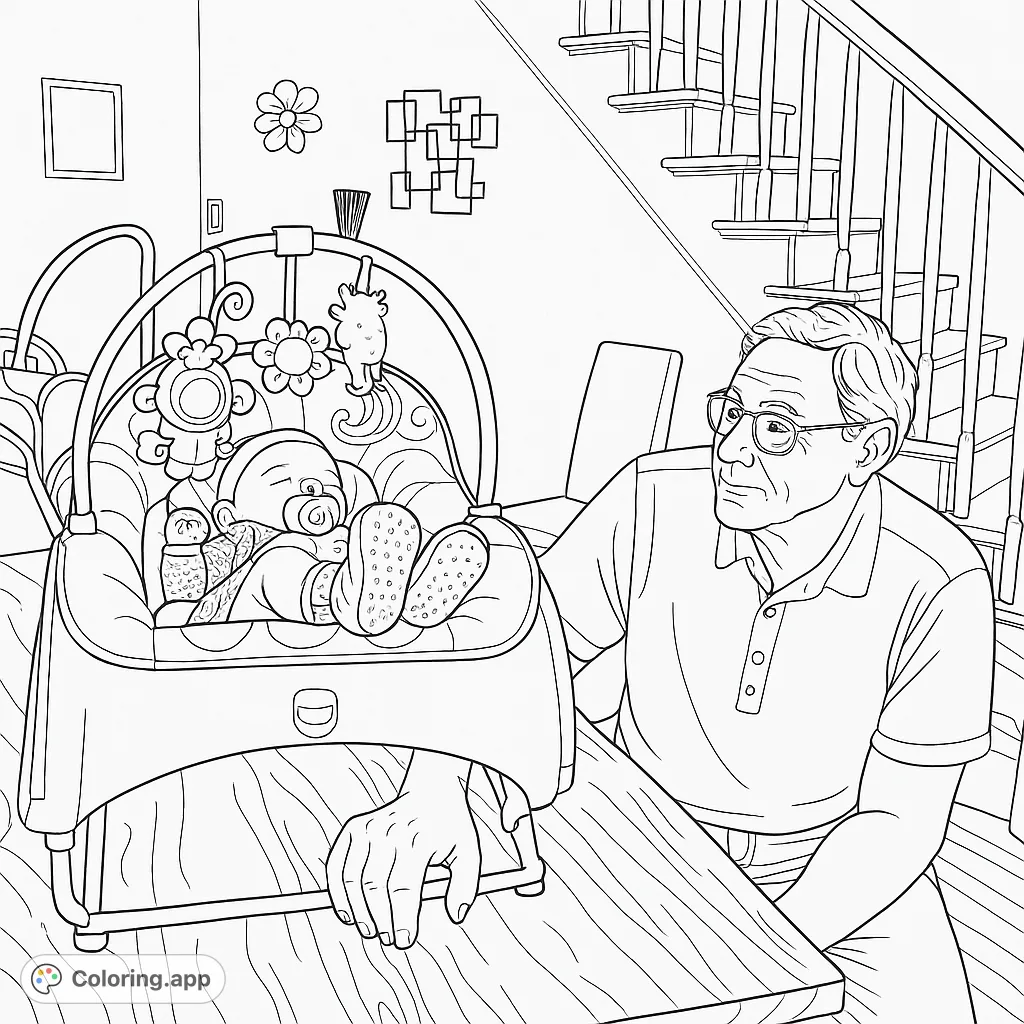 Capture a heartwarming moment with a baby in a bouncer and an adult observing. A sweet family scene perfect for all ages to color and cherish.
