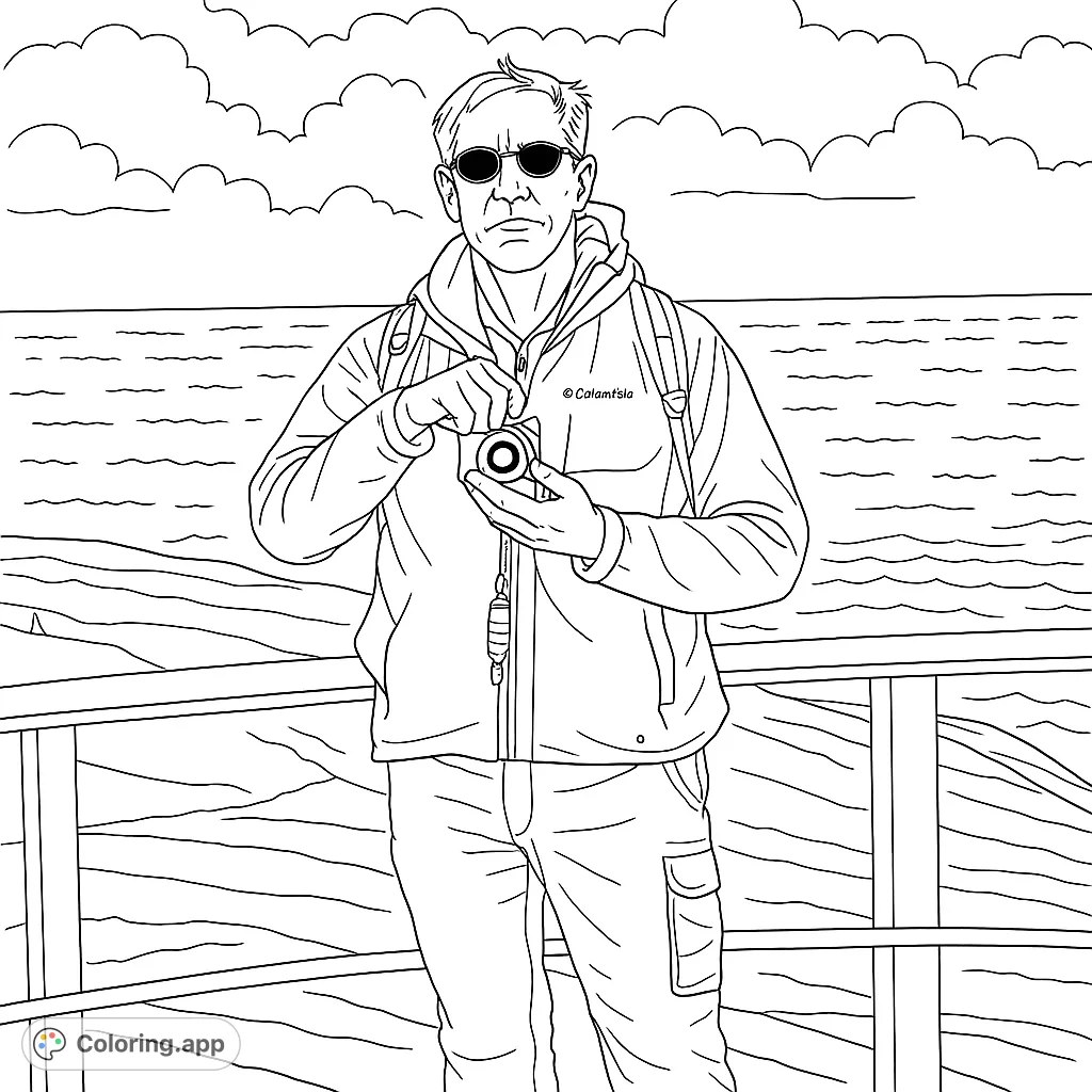 Capture the spirit of adventure with this coastal photographer coloring page. A man with a camera stands by the ocean, ready for exploration.