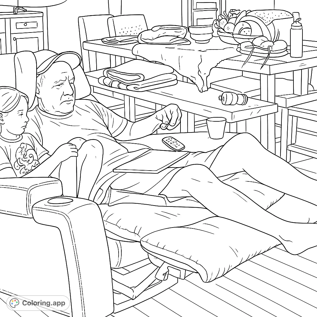 A heartwarming scene of an adult and child relaxing on a recliner, surrounded by everyday objects. Perfect for a cozy coloring session.