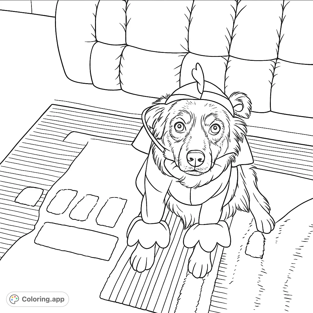 A charming dog dressed in a whimsical chicken costume, sitting playfully on a patterned rug. A fun and adorable animal coloring page.