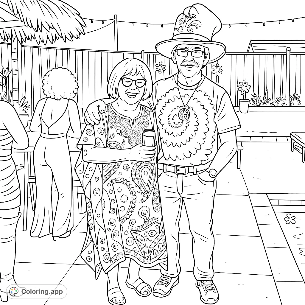Celebrate with this festive party coloring page featuring a whimsical duo in patterned outfits and a unique hat, perfect for creative expression.