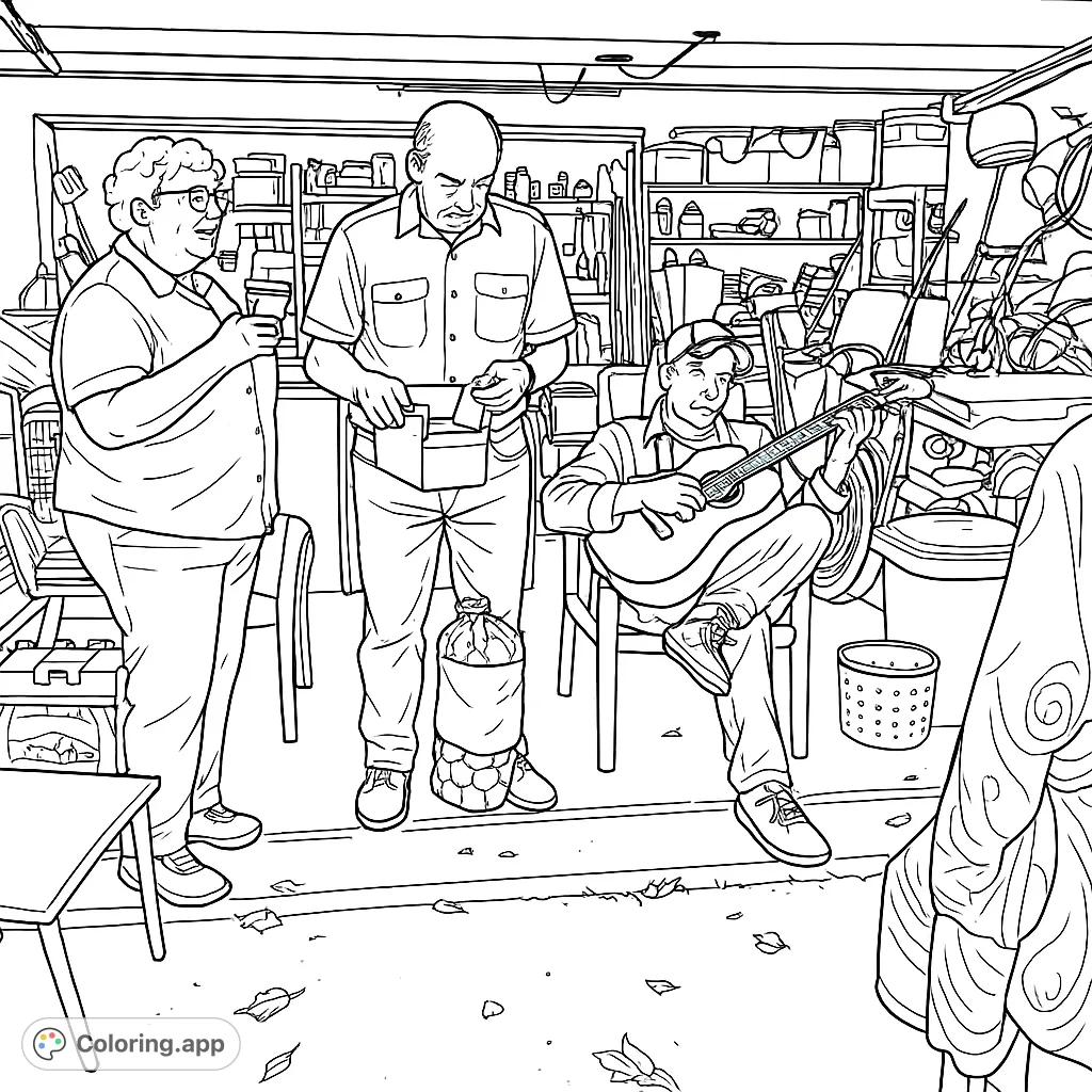A detailed coloring page depicting a casual garage gathering with friends, music, and conversation, set amidst a cluttered workshop environment.