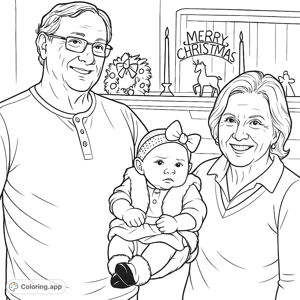 Capture the warmth of family with this heartwarming coloring page featuring a baby, grandparents, and festive holiday decorations. A perfect family coloring page.