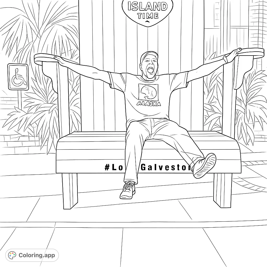 Experience the joy of sitting on a colossal Adirondack chair! This fun coloring page features a person enjoying an oversized seat amidst lush plants.