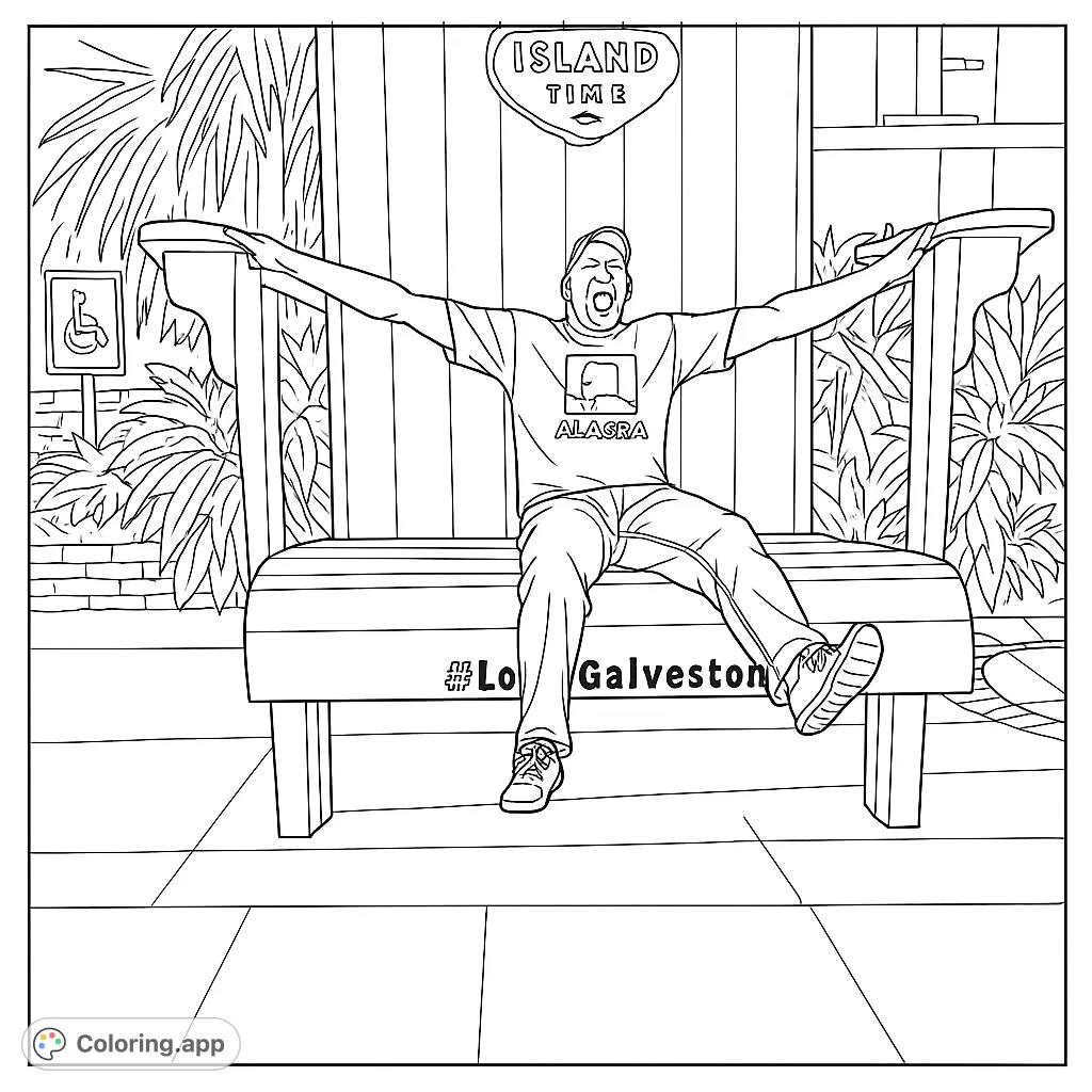 Experience the fun of vacation with this giant chair coloring page! A person joyfully sits on an oversized Adirondack chair, surrounded by tropical plants.
