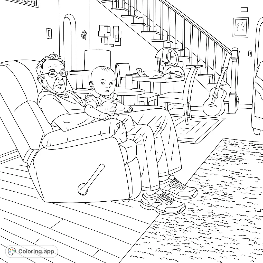 A heartwarming scene of an older man holding a baby in a recliner, surrounded by a cozy home interior. Perfect for family-themed coloring.