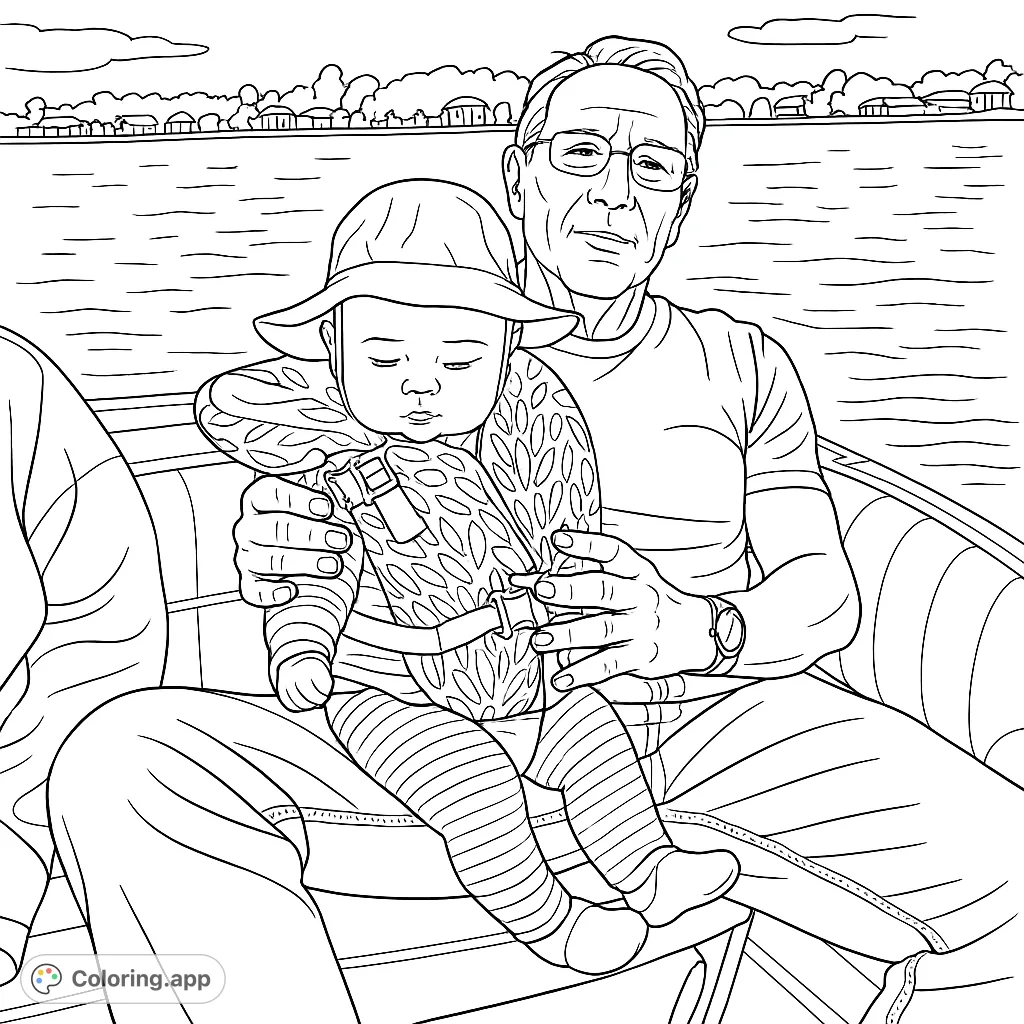 A heartwarming scene of a grandparent holding a baby on a boat, enjoying a peaceful day on the water with distant homes and trees.