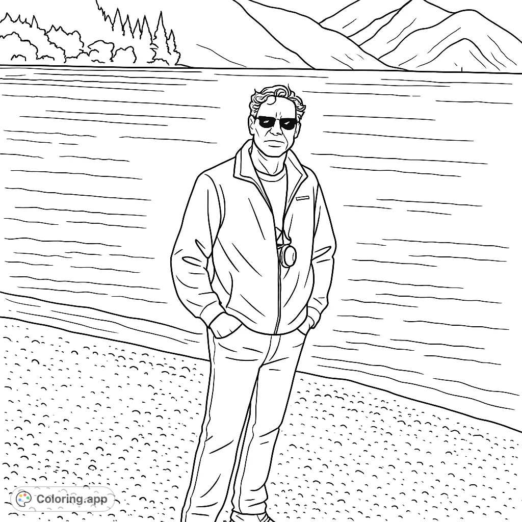A man stands on a pebbled shore by a vast lake with distant mountains. A serene landscape for a relaxing coloring experience.