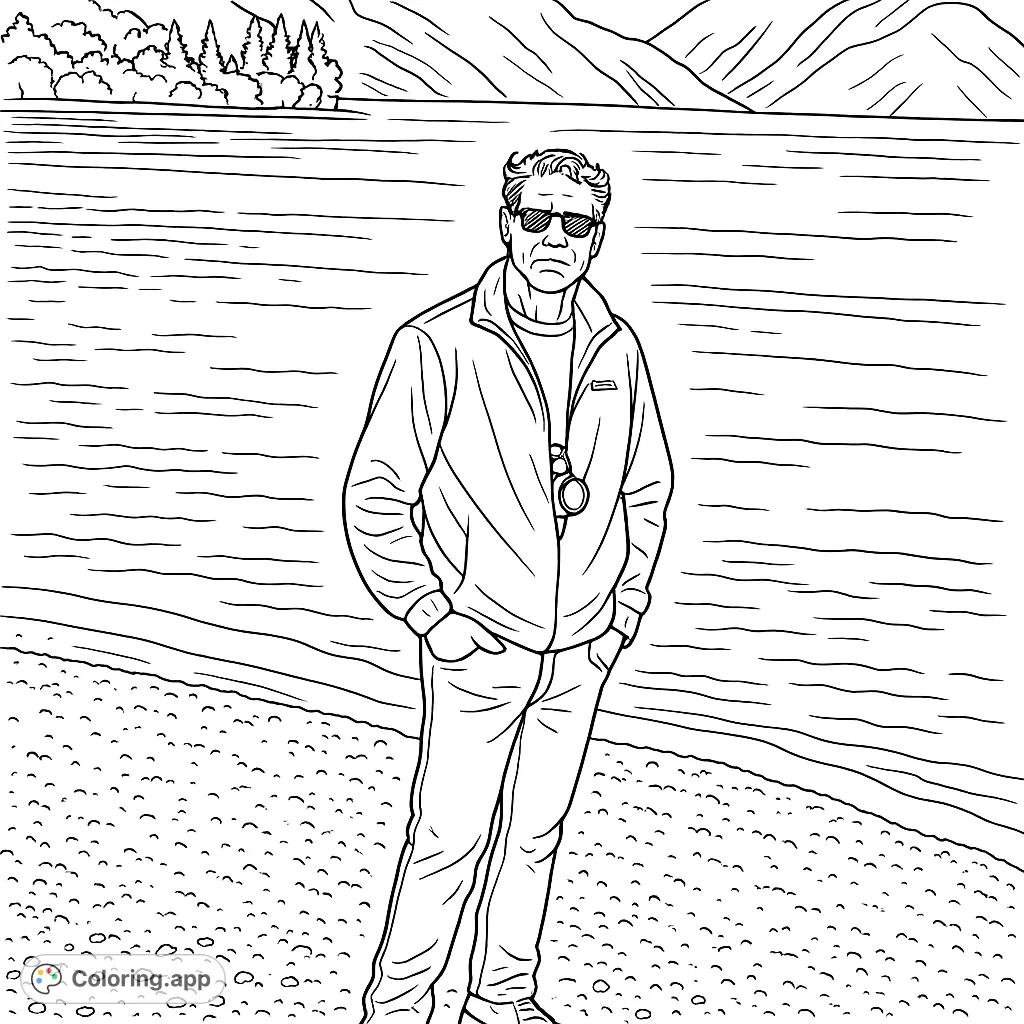 A man stands on a pebbled shore by a vast lake with distant mountains. A serene landscape for a relaxing coloring experience.