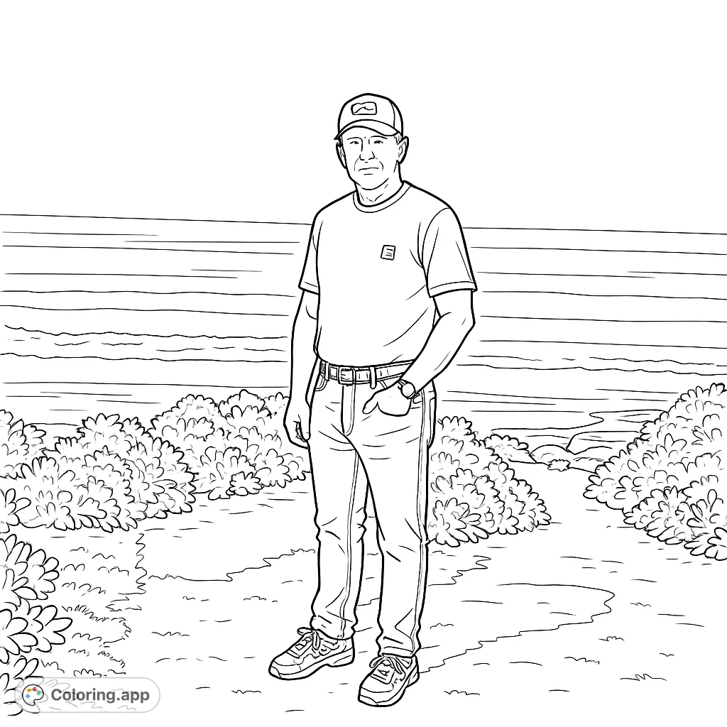 A man stands confidently by the ocean, with waves breaking on the shore and a clear sky above. A serene coastal scene perfect for coloring.