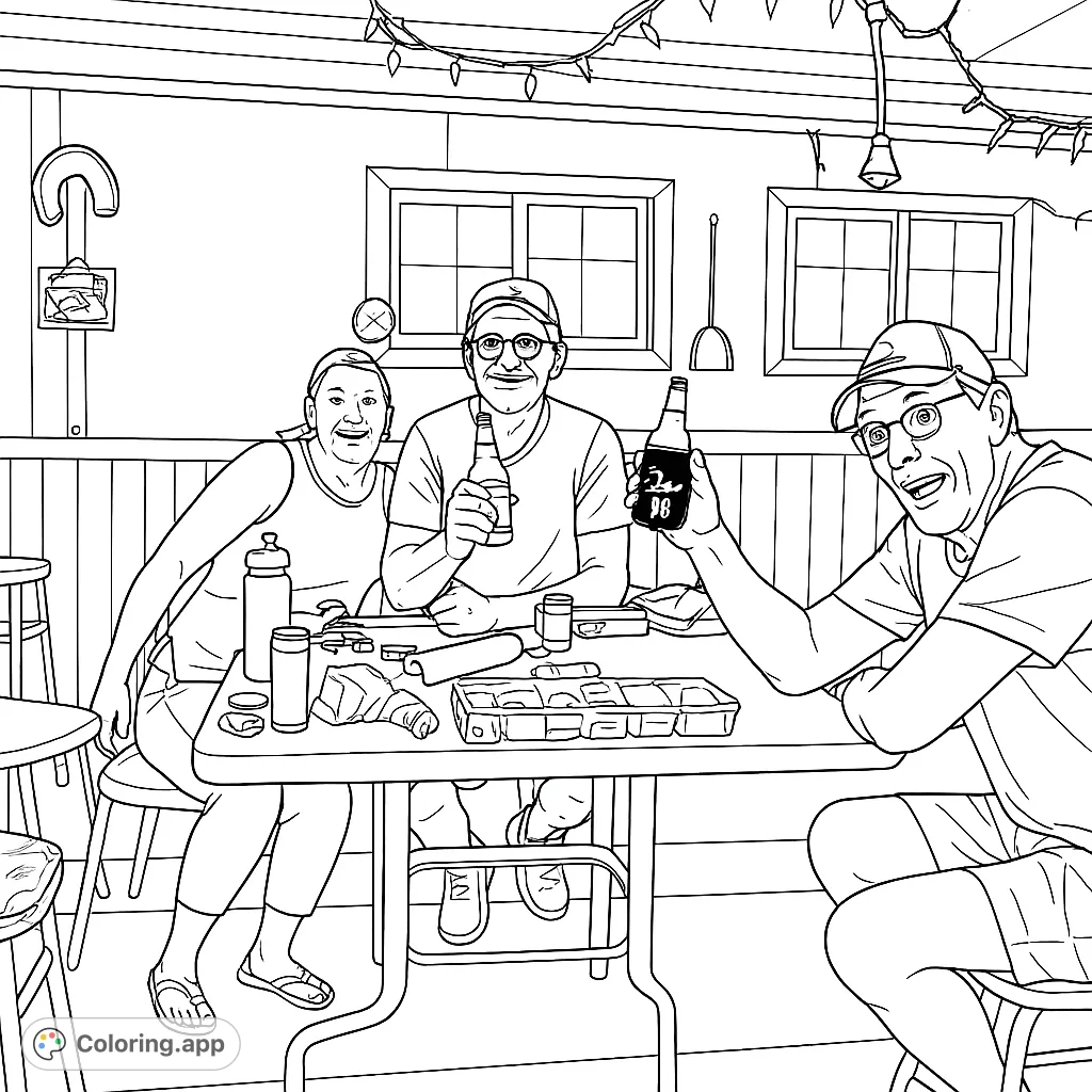 A lively gathering of friends enjoying a casual outdoor moment around a table filled with various items, perfect for a relaxing coloring session.