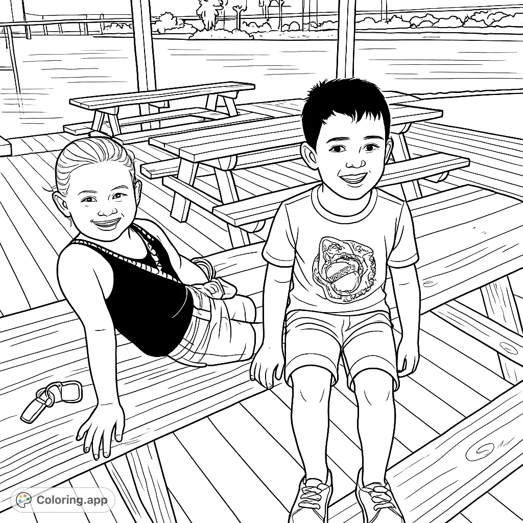 A delightful coloring page featuring two smiling children on a picnic table by the water, perfect for a relaxing creative session.