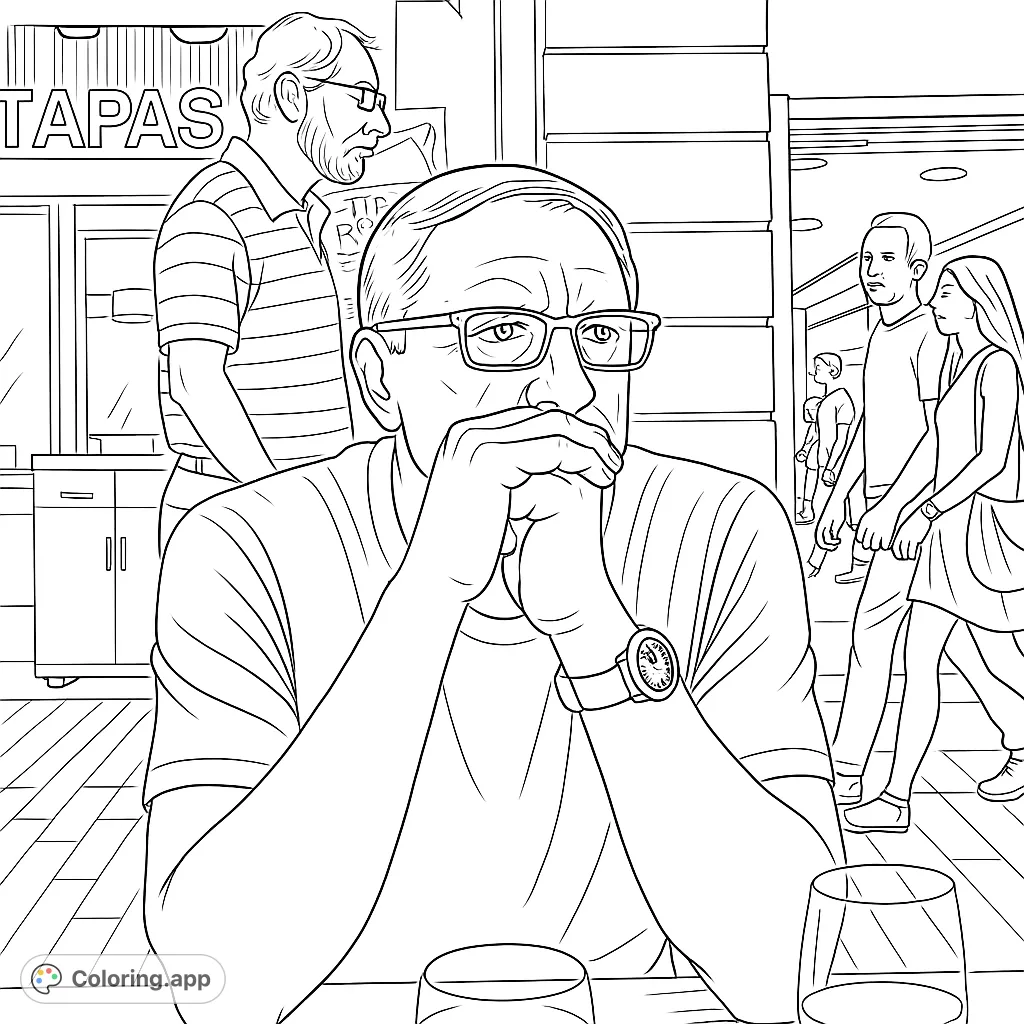 Capture a moment of urban contemplation with this detailed street scene coloring page. Features a man at a cafe table amidst a bustling city backdrop.