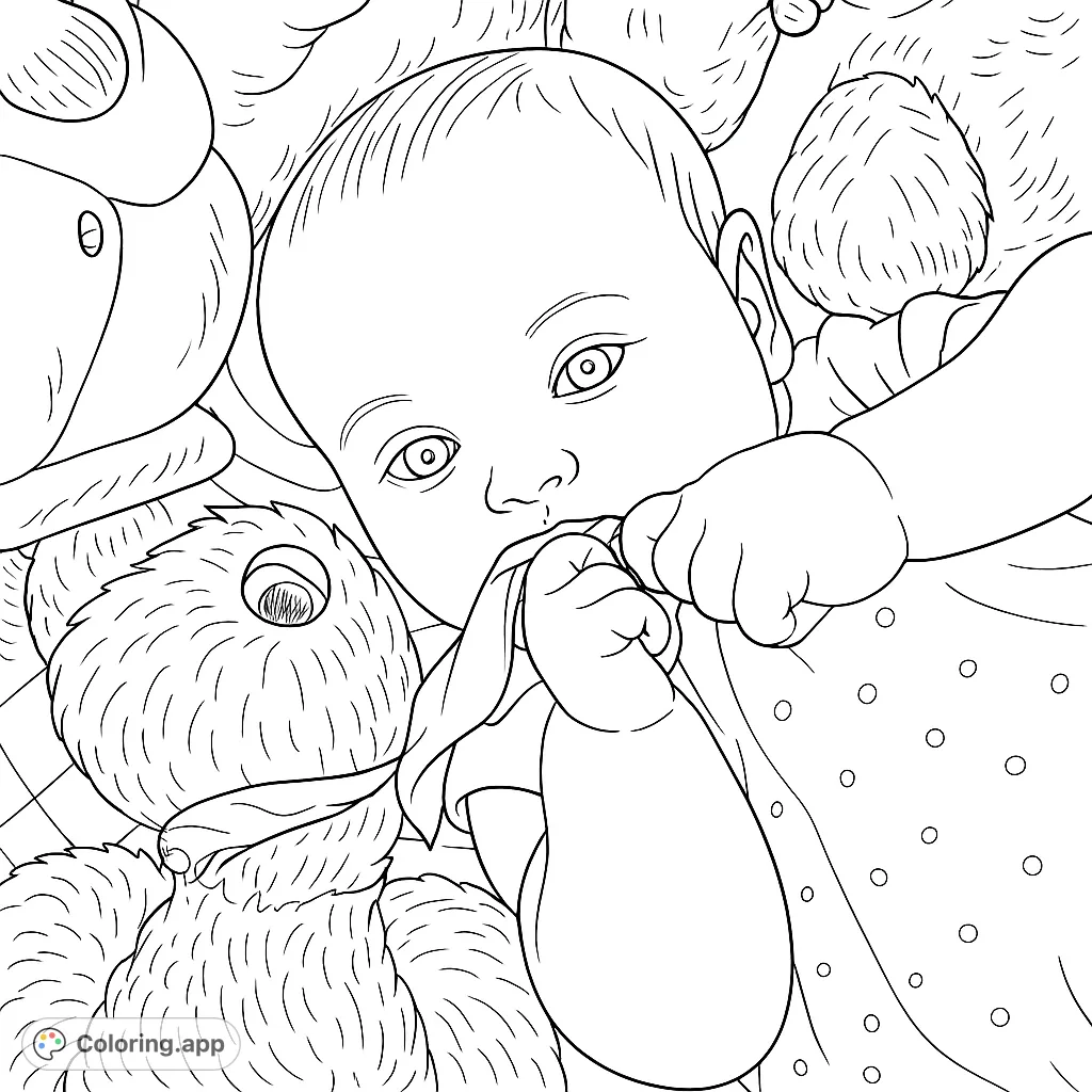 An adorable baby surrounded by cuddly teddy bears, holding a soft fabric. A heartwarming scene perfect for a baby coloring page.