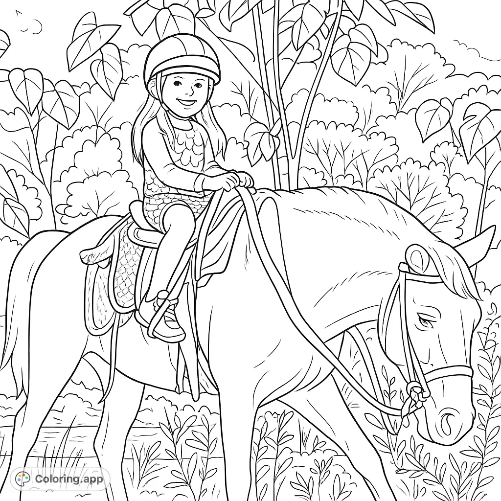 Embark on a delightful horseback adventure! A smiling child rides a majestic horse through a lush, natural landscape, ready for your creative touch.