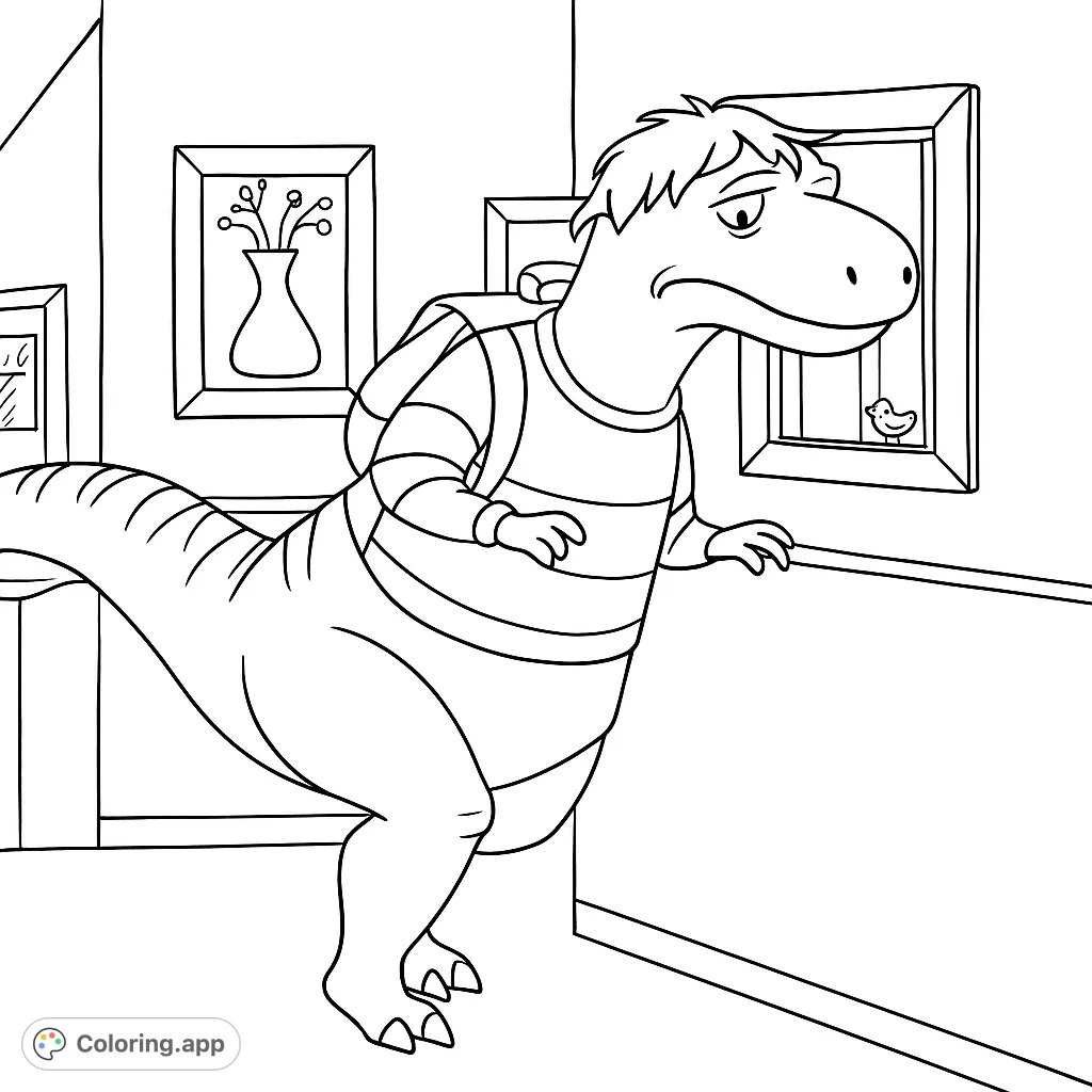 A charming dinosaur character with a backpack and striped shirt, standing in an indoor setting with framed art. Perfect for young dinosaur enthusiasts.