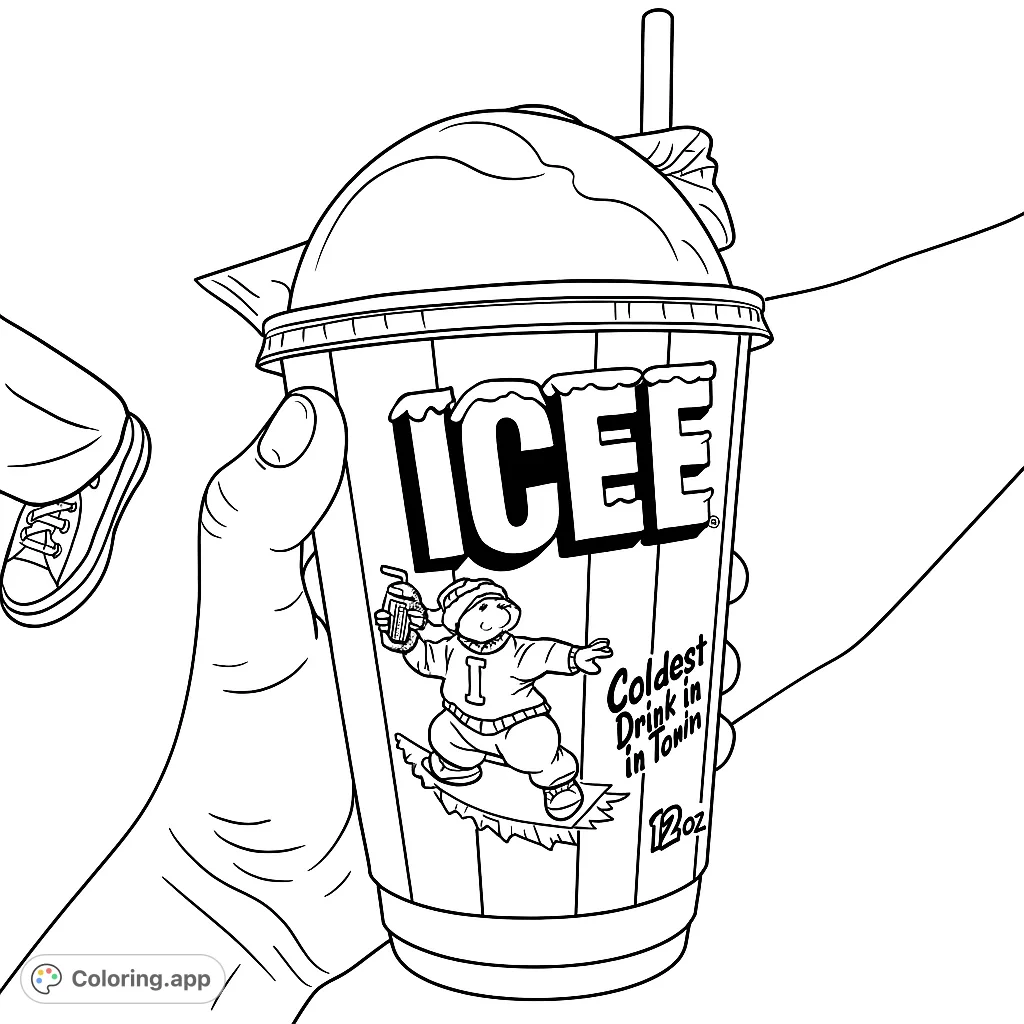 A hand holds a refreshing frozen beverage cup featuring a playful polar bear character and bold text, perfect for a cool coloring experience.