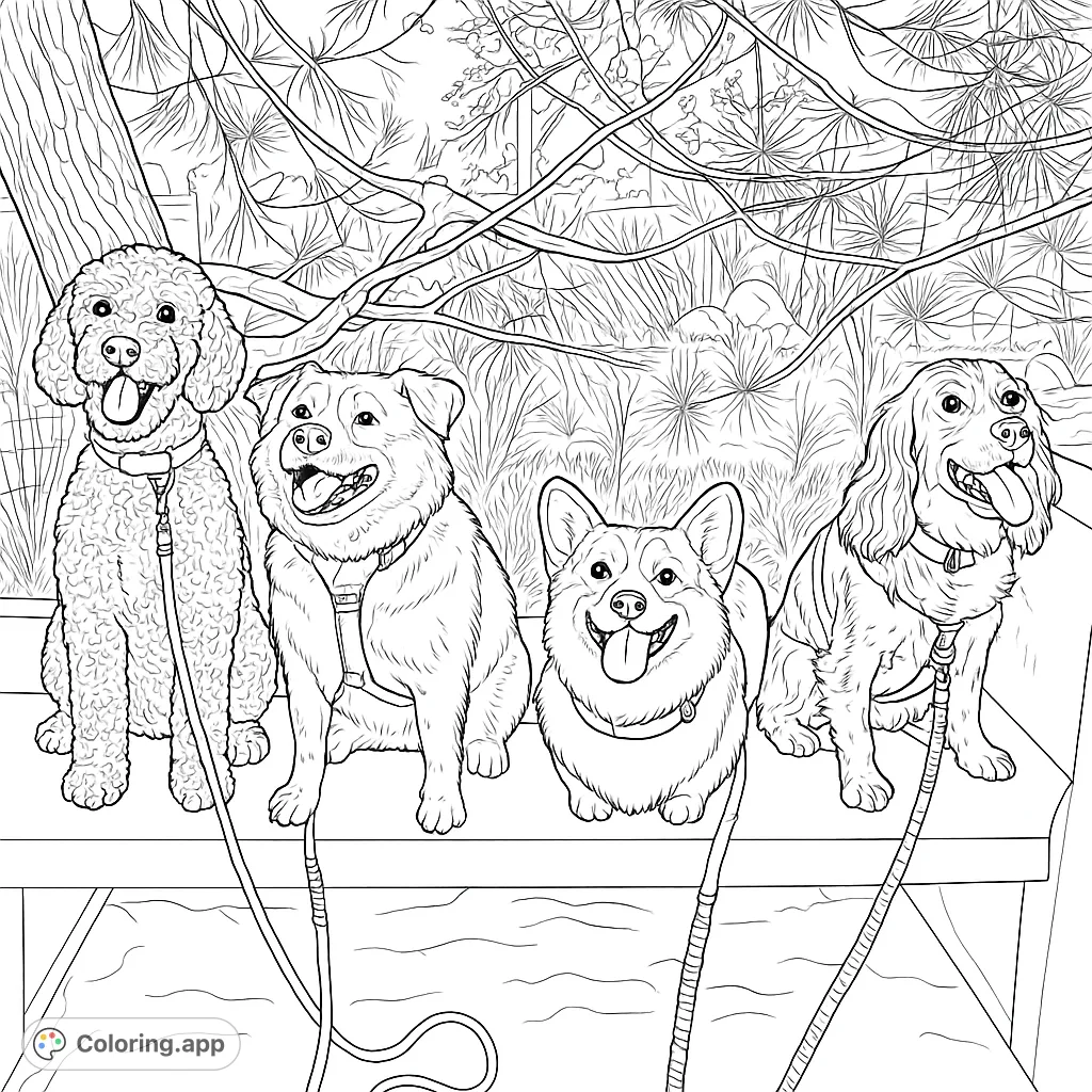 A delightful coloring page featuring four happy dogs of different breeds sitting together on a park bench, ready for a fun coloring adventure.