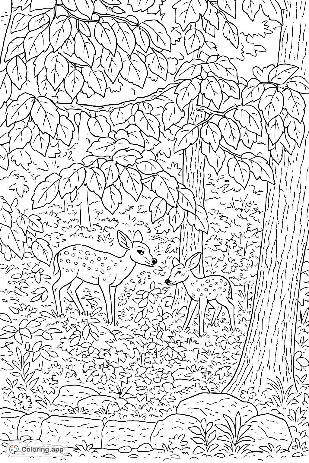 Discover a charming forest scene featuring a spotted fawn and its companion amidst lush foliage and towering trees. A delightful nature coloring page.