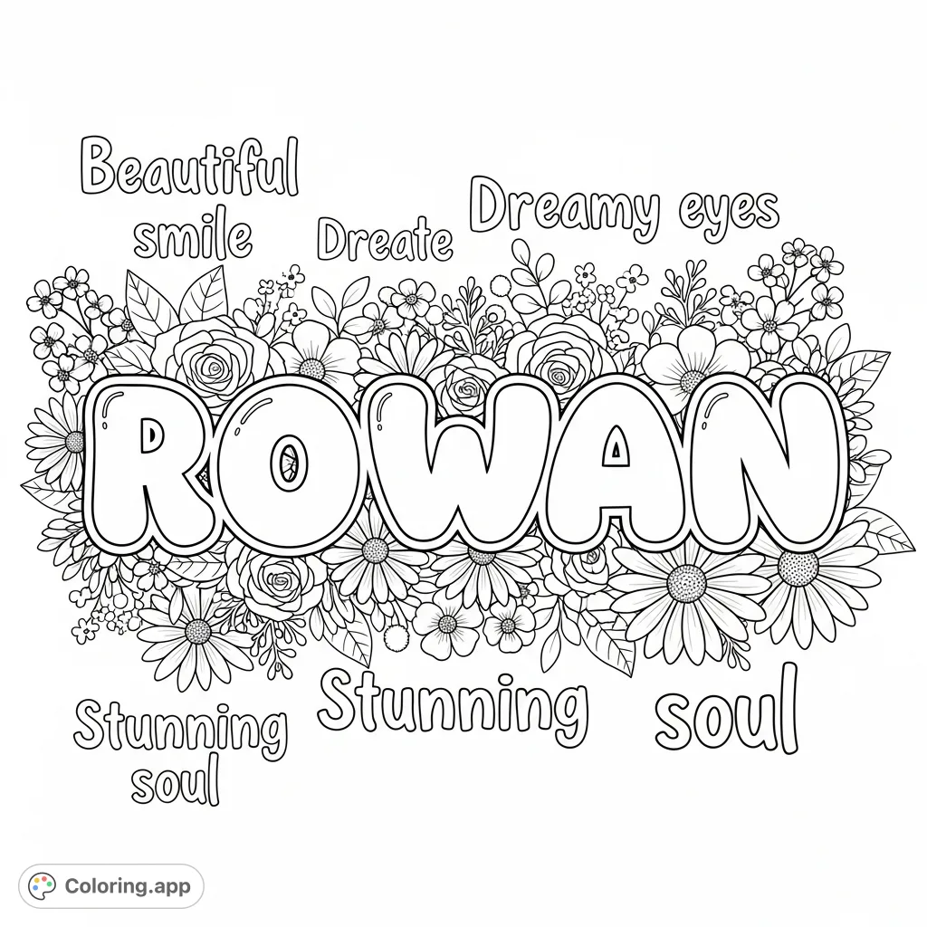 A delightful Rowan coloring page featuring large bubble letters, surrounded by uplifting compliments and an array of beautiful flowers, perfect for personalization.