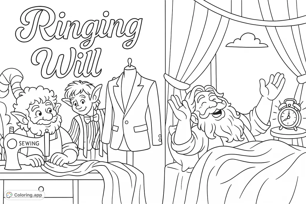 Join two whimsical tailors crafting a special suit, then witness the hilarious surprise when their creation becomes an unexpected alarm for a sleeping friend. A fun, cartoony scene!